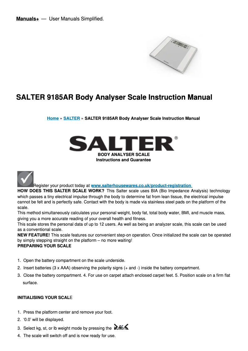 Page 1 de la notice Manuel utilisateur Salter 9185AR SV3R