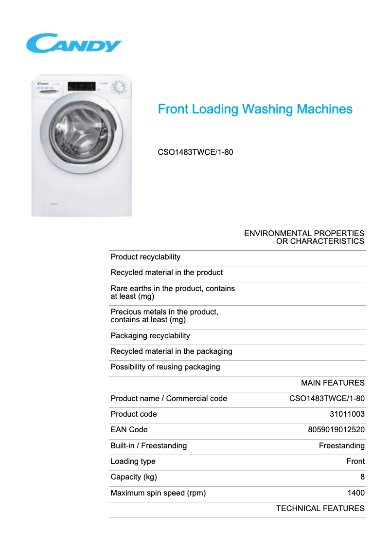 Page 1 de la notice Fiche technique Candy CSO1483TWCE/1-80