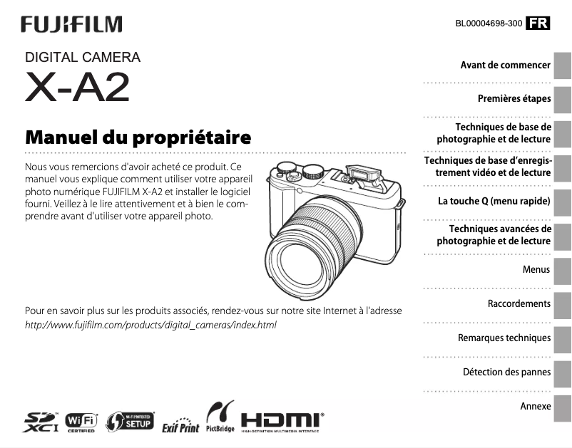 Page 1 de la notice Manuel utilisateur Fujifilm X-A2
