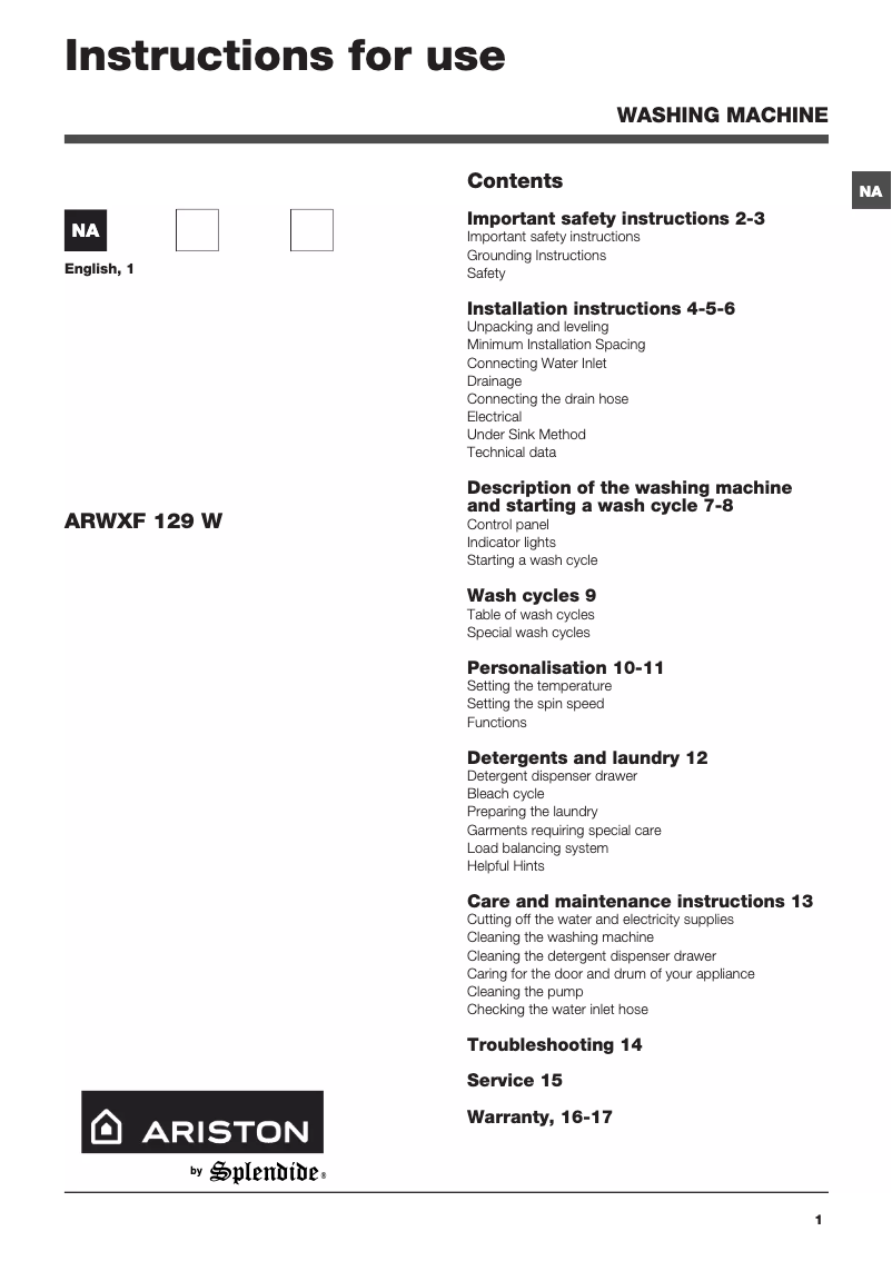 Image de la première page du manuel de l'appareil ARWXF 129 W