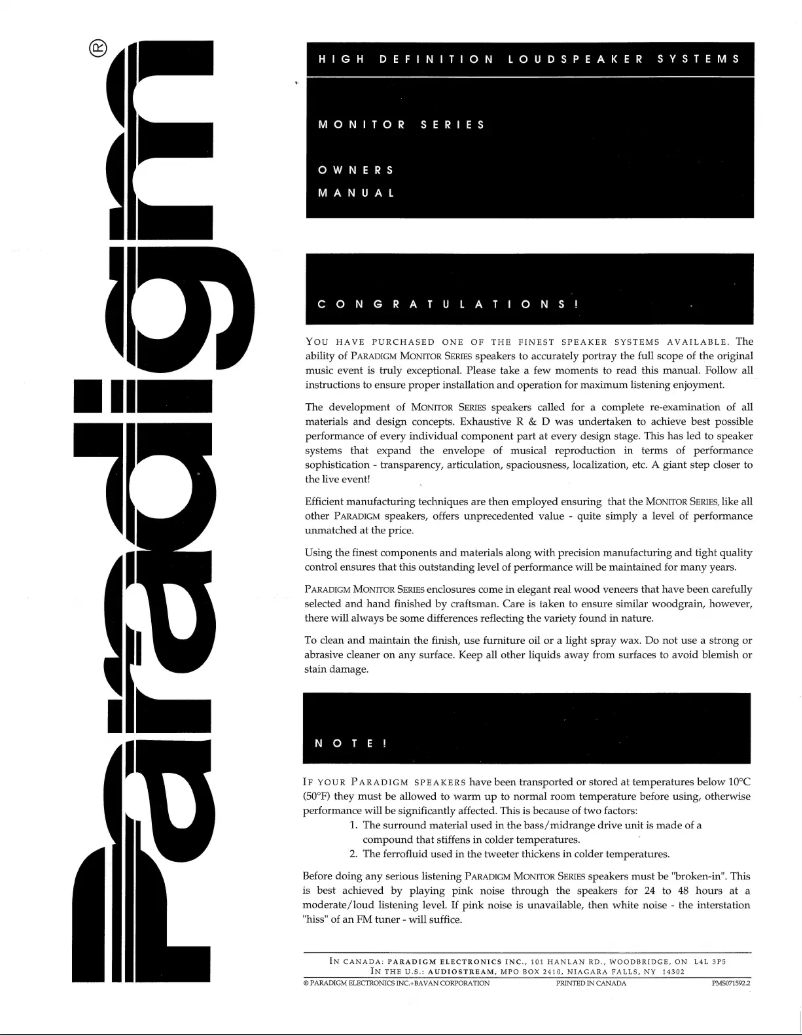 Page 1 de la notice Manuel utilisateur Paradigm Monitor 11 v3