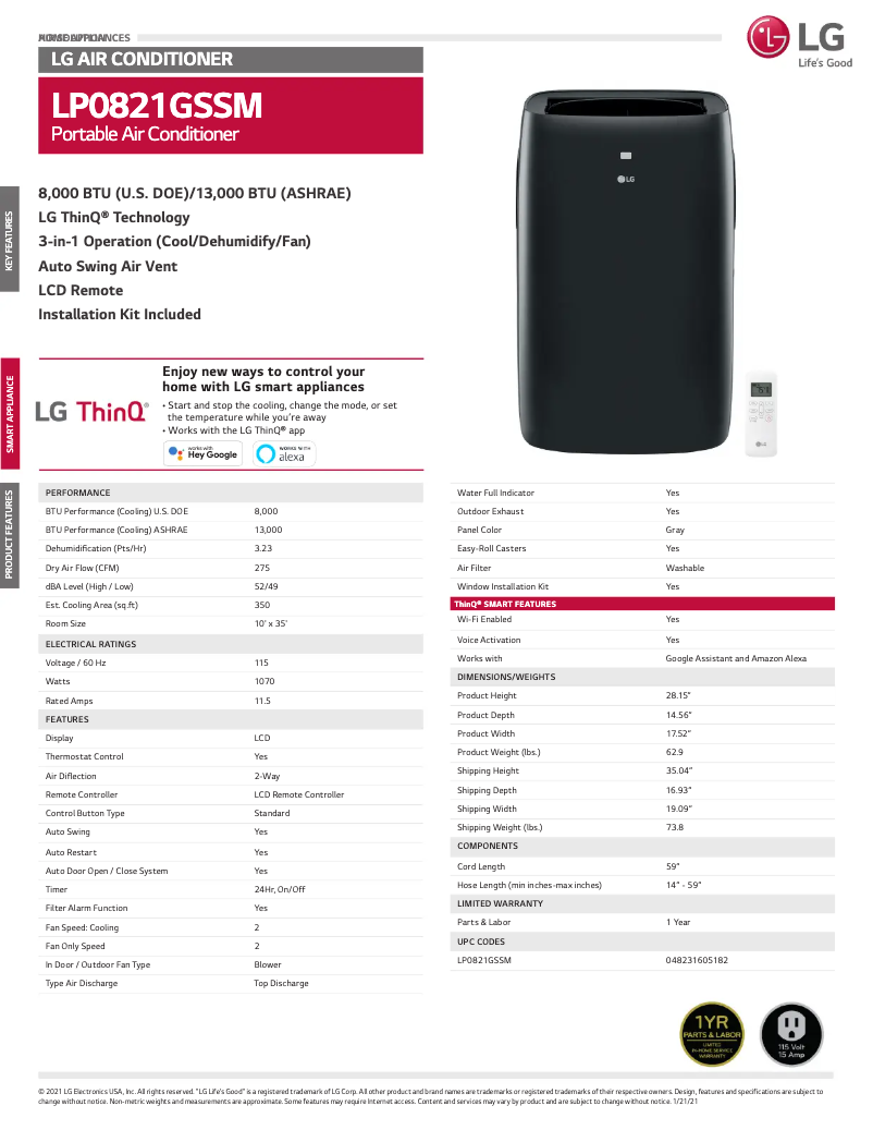 Page 1 de la notice Fiche technique LG LP0821GSSM