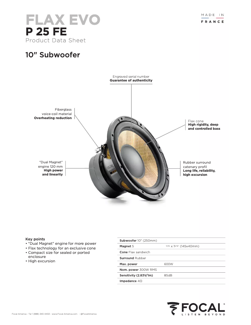 Page 1 de la notice Fiche technique Focal Flax Evo P 25 FE
