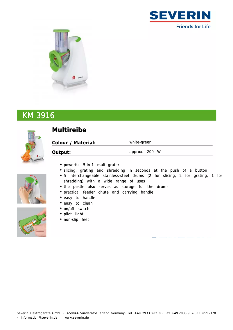 Page 1 de la notice Fiche technique Severin KM 3916
