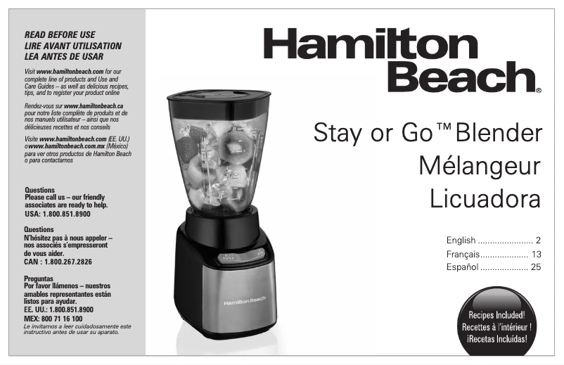 Page n°1 - Manuel d'utilisation et d'entretien Hamilton Beach Stay or Go 52400