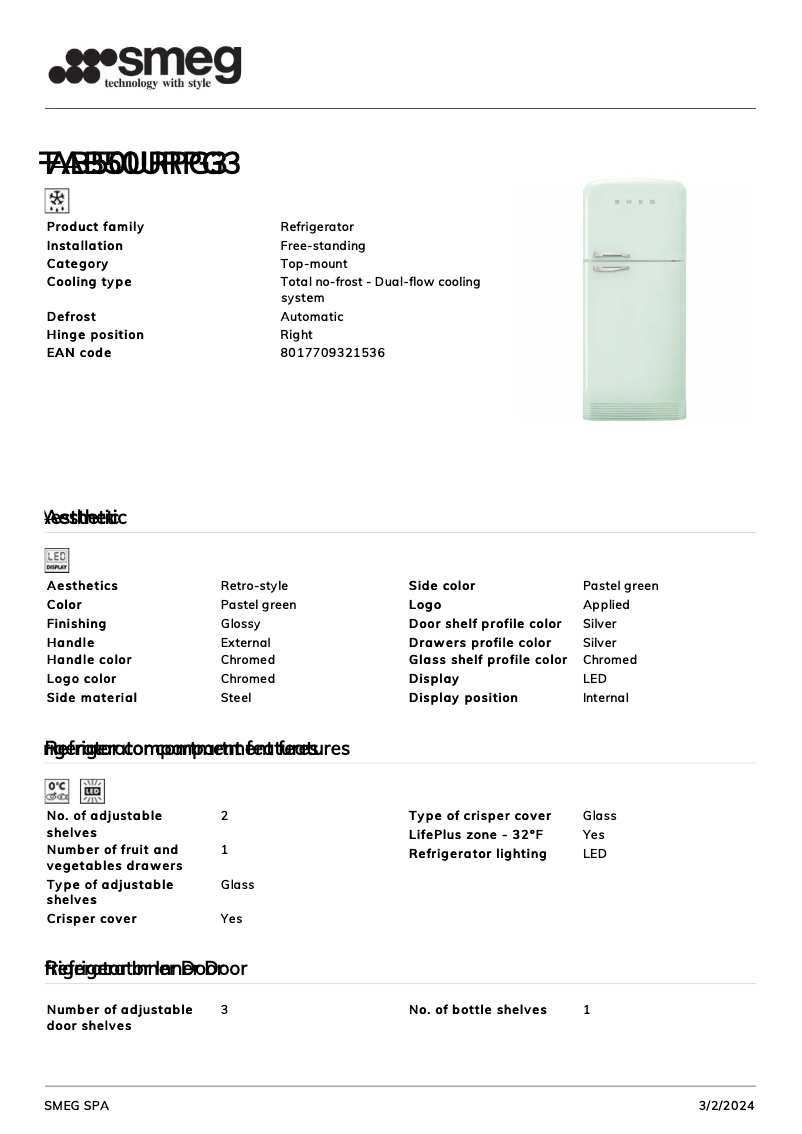 Page 1 de la notice Fiche technique Smeg FAB50URPG3