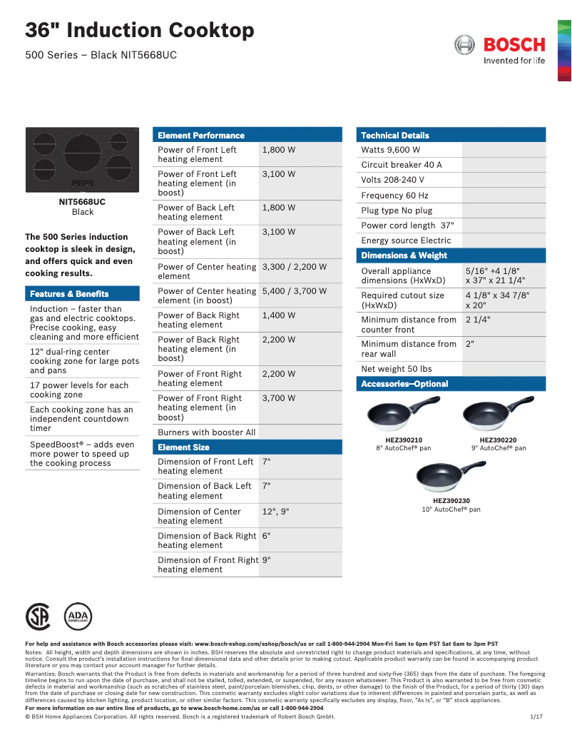 Page 1 de la notice Fiche technique Bosch NIT5668UC