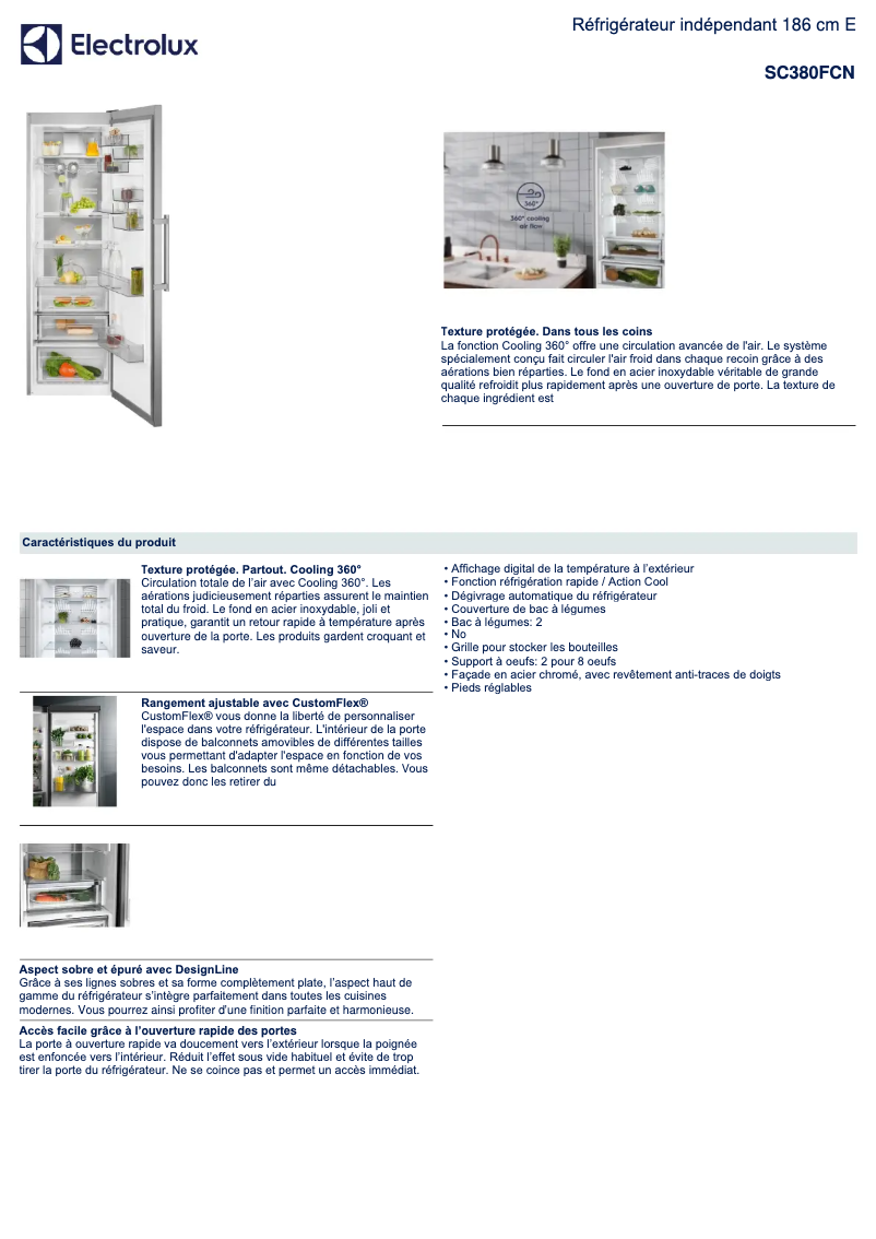 Page 1 de la notice Fiche technique Electrolux SC380FCN