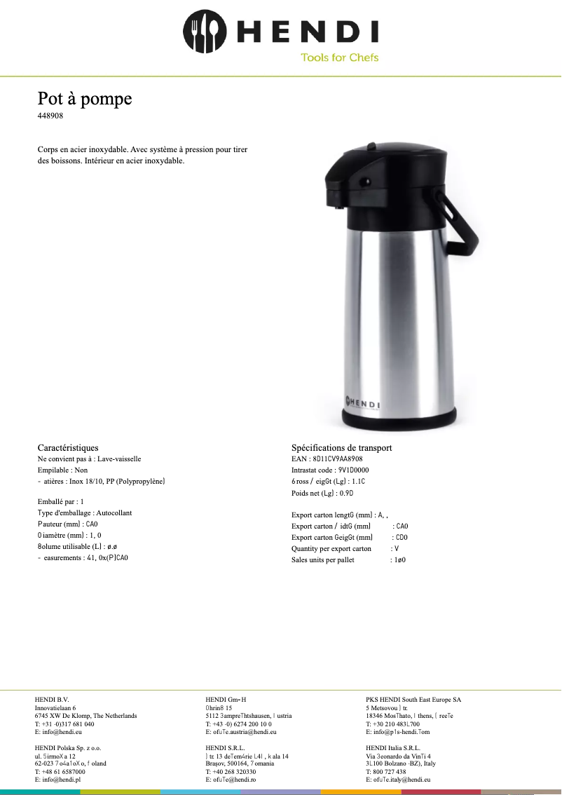 Page 1 de la notice Fiche technique Hendi 448908