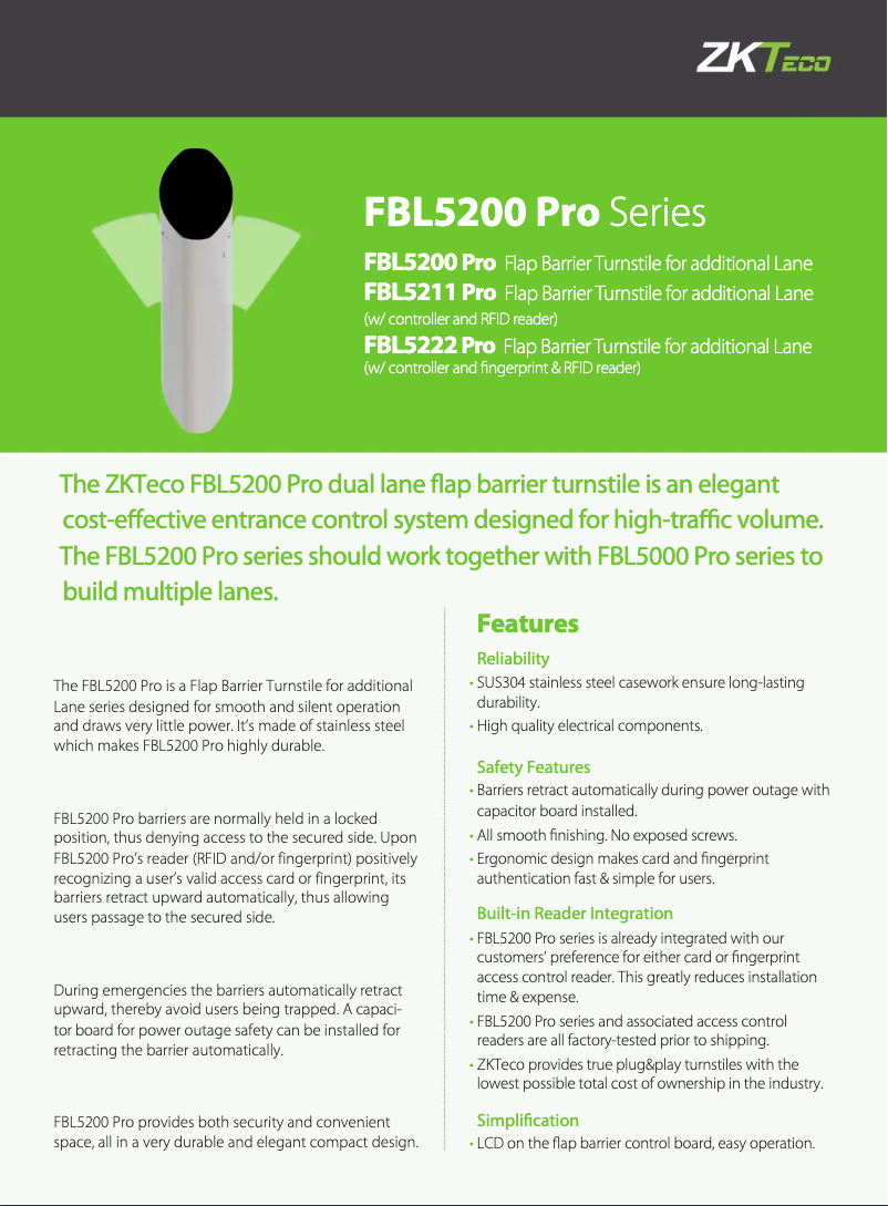 Page n°1 - Fiche technique ZKTeco FBL5200 Pro