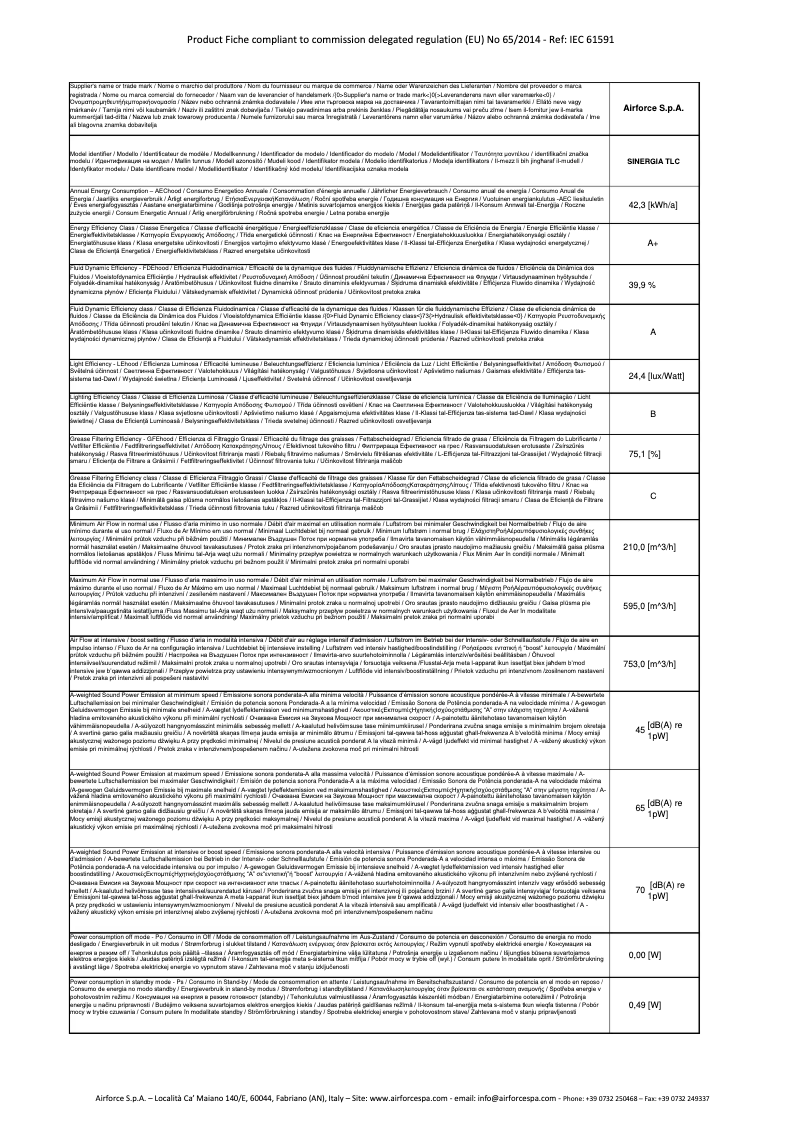 Page 1 de la notice Fiche technique Airforce Sinergia