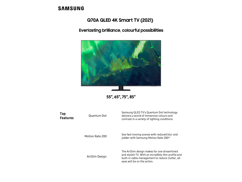 Page 1 de la notice Fiche technique Samsung QA75Q70AAWXXY