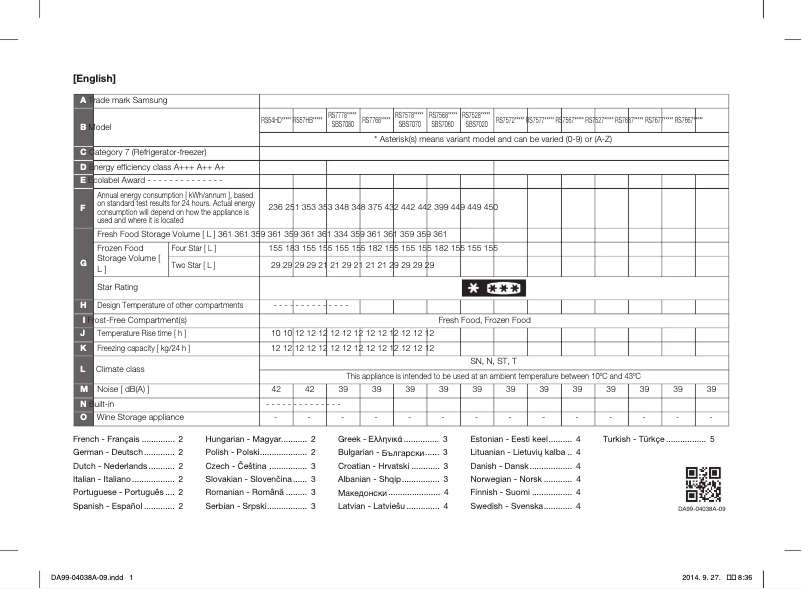 Page 1 de la notice Fiche technique Samsung RS54HDRPBSR