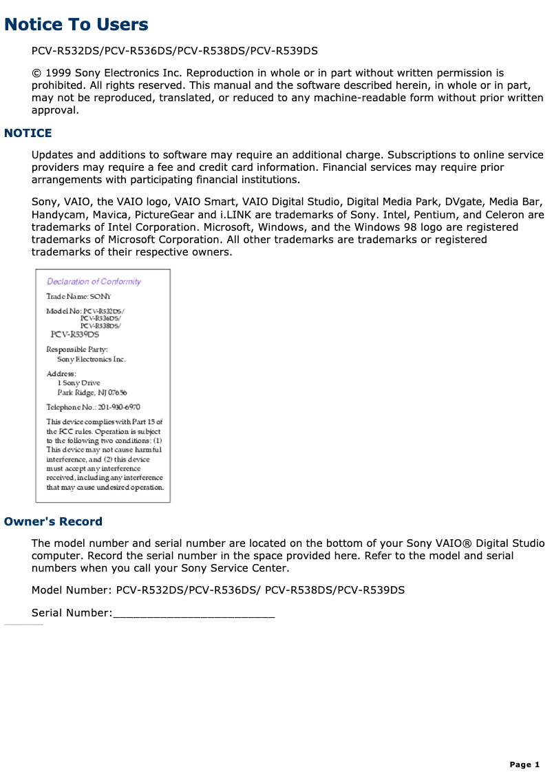 Image de la première page du manuel de l'appareil Vaio PCV-R532DS
