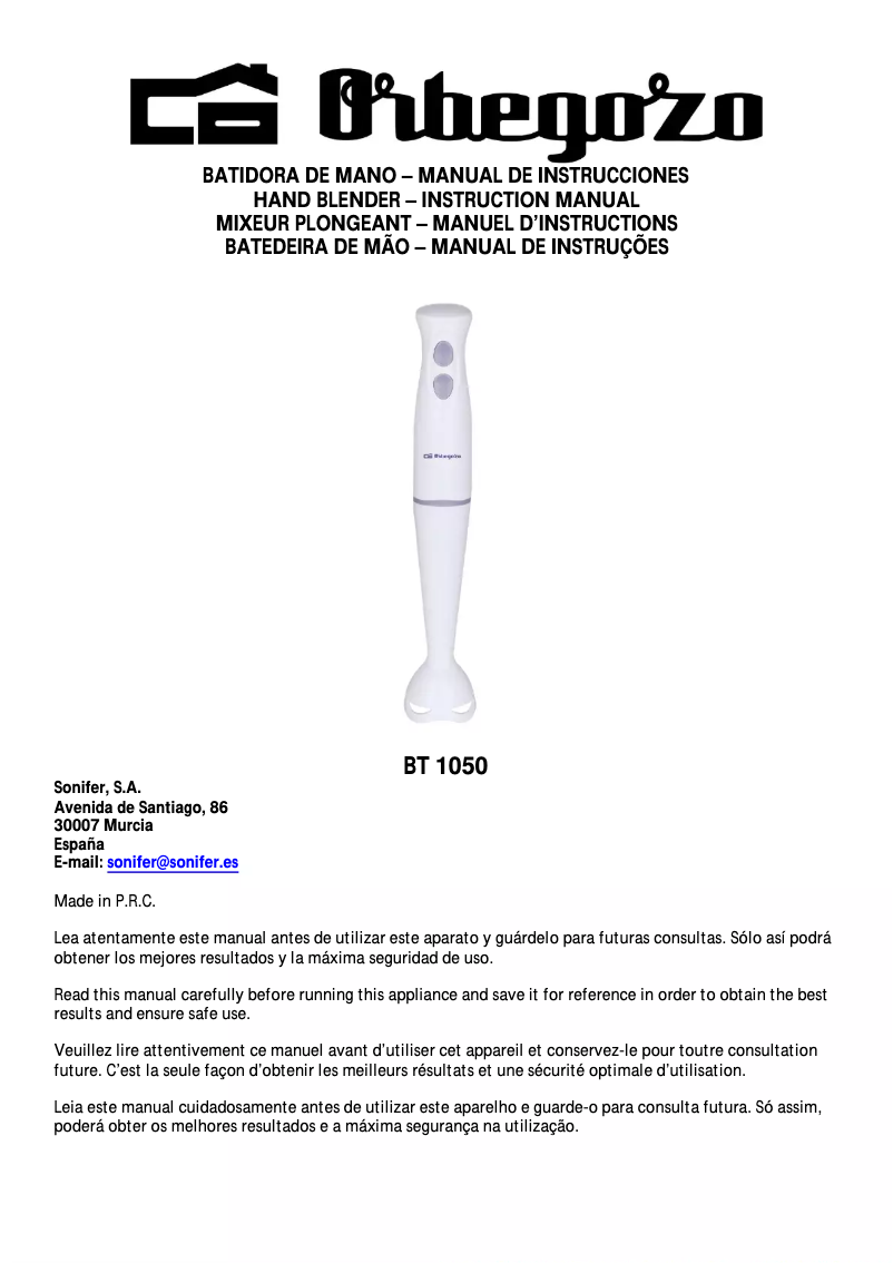 Page 1 de la notice Manuel utilisateur Orbegozo BT 1050