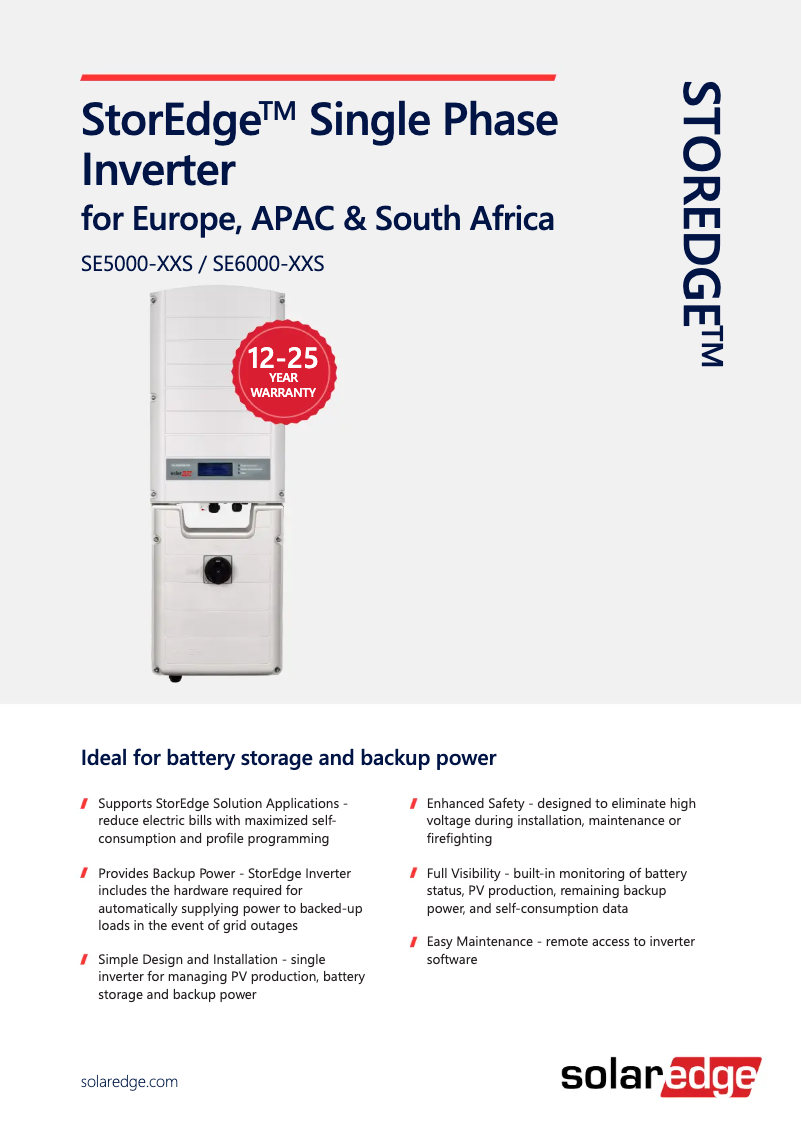Page 1 de la notice Fiche technique SolarEdge SE5000H-RWS00BNO4