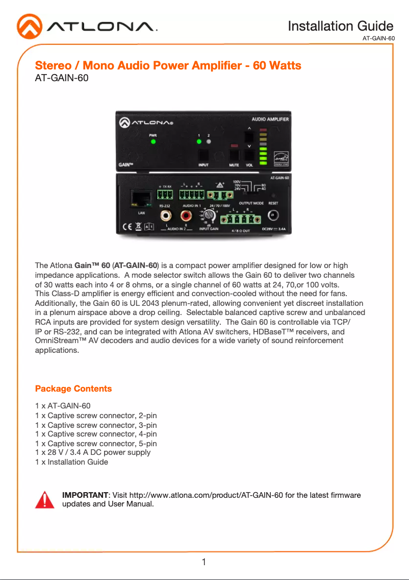 Página 1 del manual Guía de instalación Atlona AT-GAIN-60
