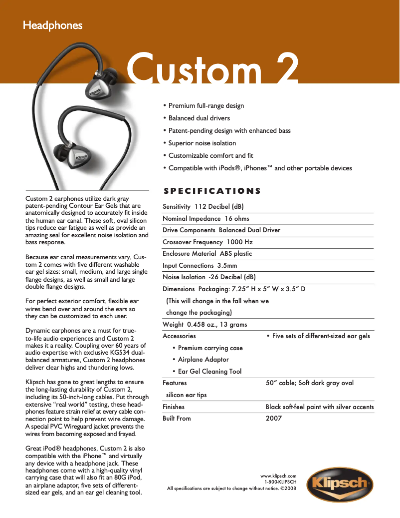 Page 1 de la notice Fiche technique Klipsch CUSTOM 2