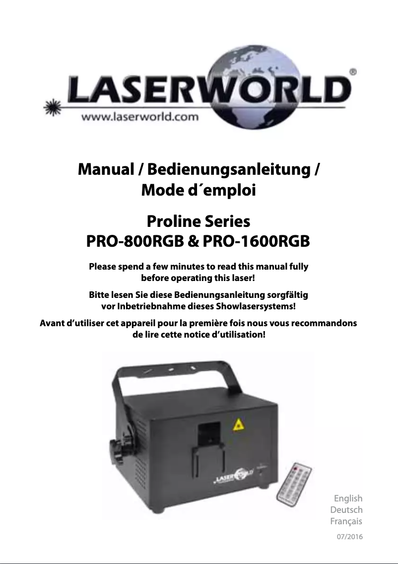 Page n°1 - Manuel utilisateur Laserworld PRO-1600RGB