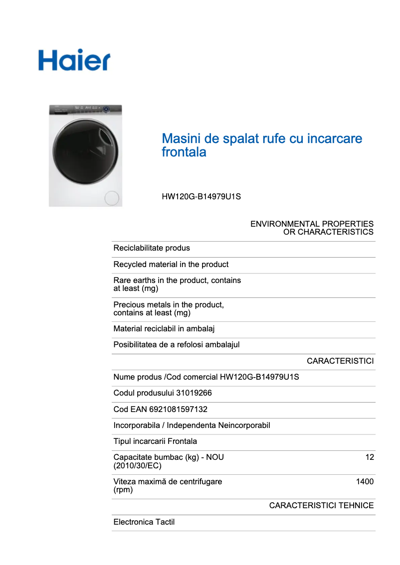 Página 1 del manual Etiqueta energética Haier HW120-B14979U1