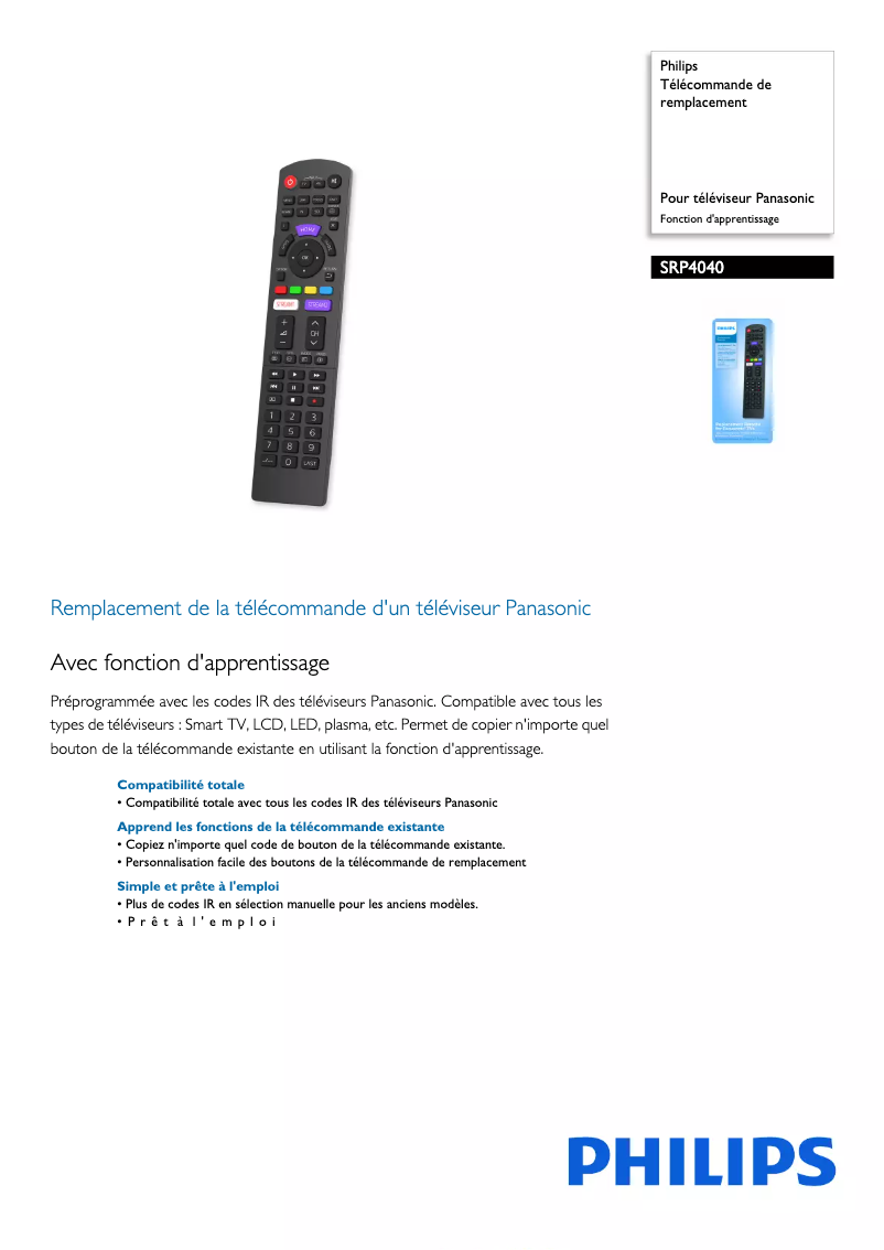 Page 1 de la notice Fiche technique Philips SRP4040