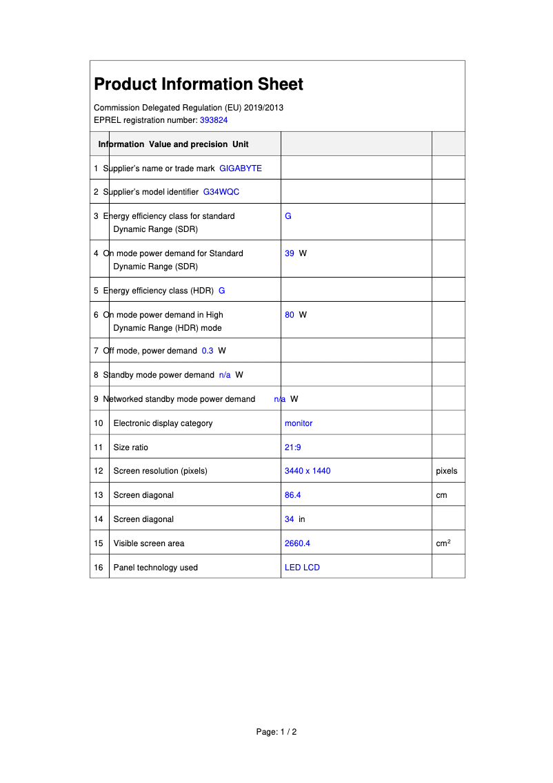 Page 1 de la notice Fiche technique Gigabyte G34WQC