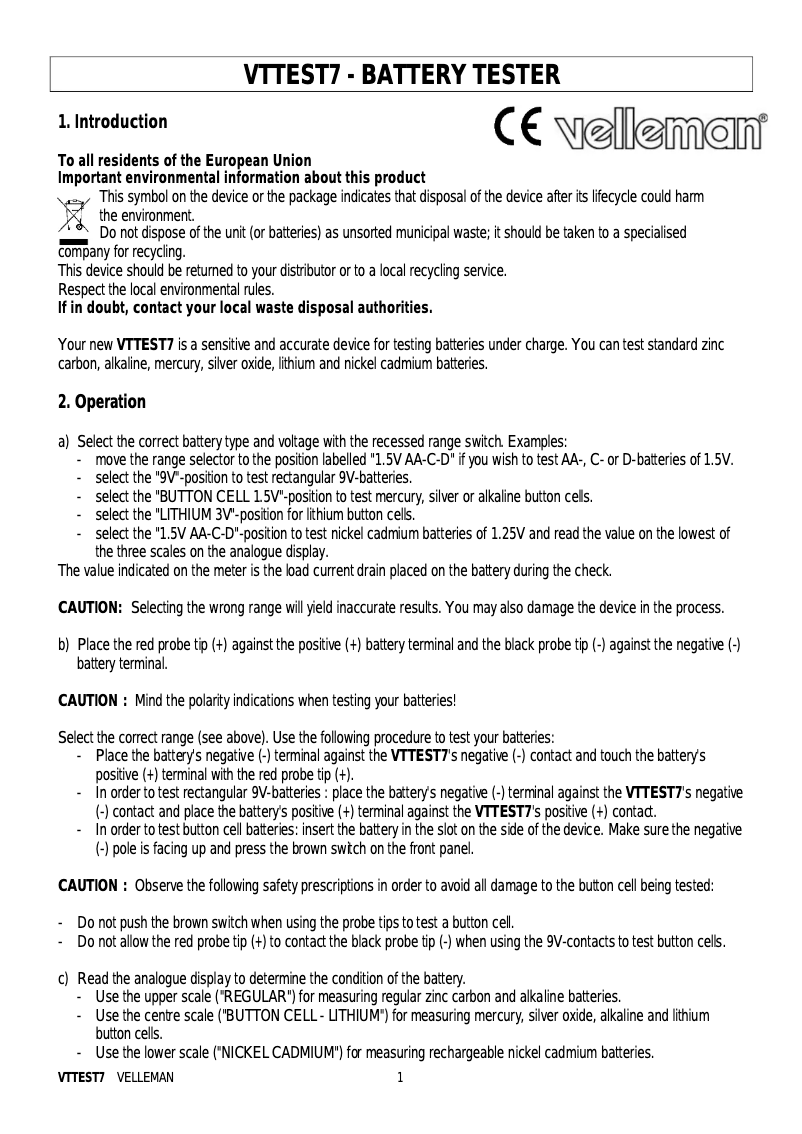 Page n°1 - Manuel utilisateur Velleman VTTEST 7