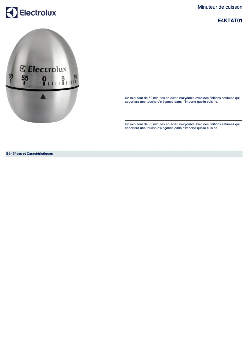 Page 1 de la notice Fiche technique Electrolux E4KTAT01