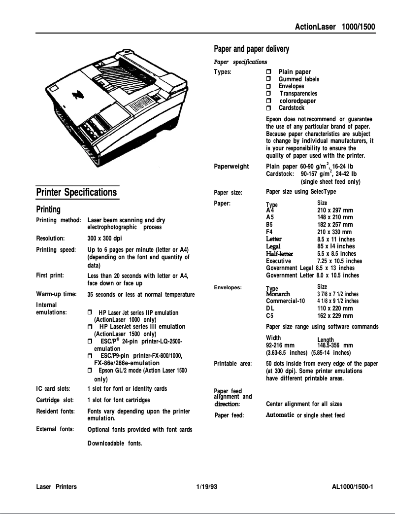 Page n°1 - Fiche technique Epson ActionLaser 1500