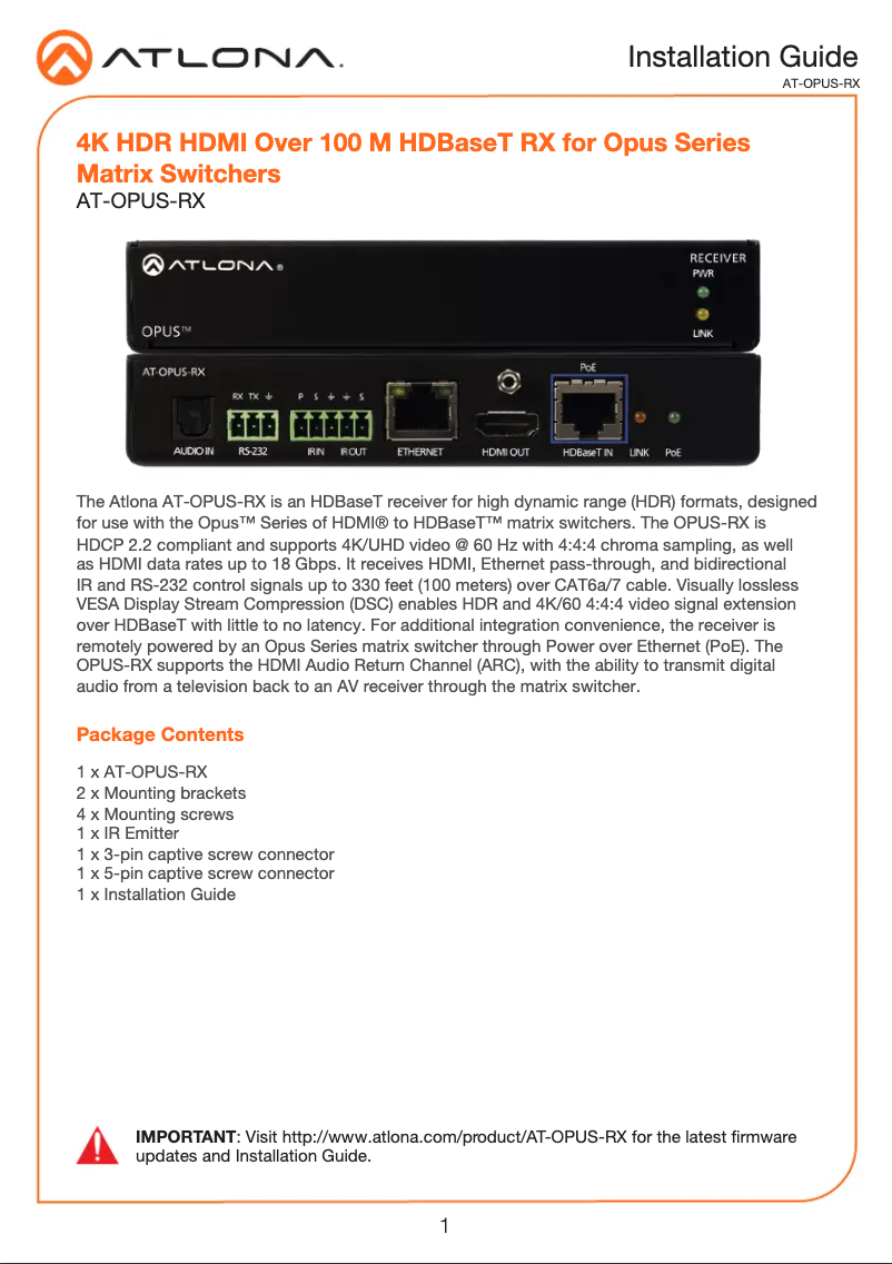 Page 1 de la notice Manuel utilisateur Atlona AT-OPUS-RX