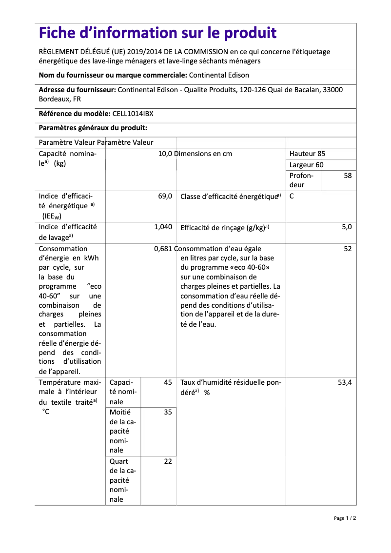 Page n°1 - Label énergétique Continental Edison CELL1014IBX