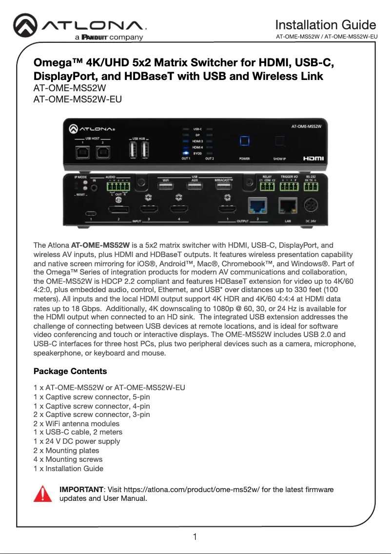 Page 1 de la notice Guide d'installation Atlona AT-OME-MS52W