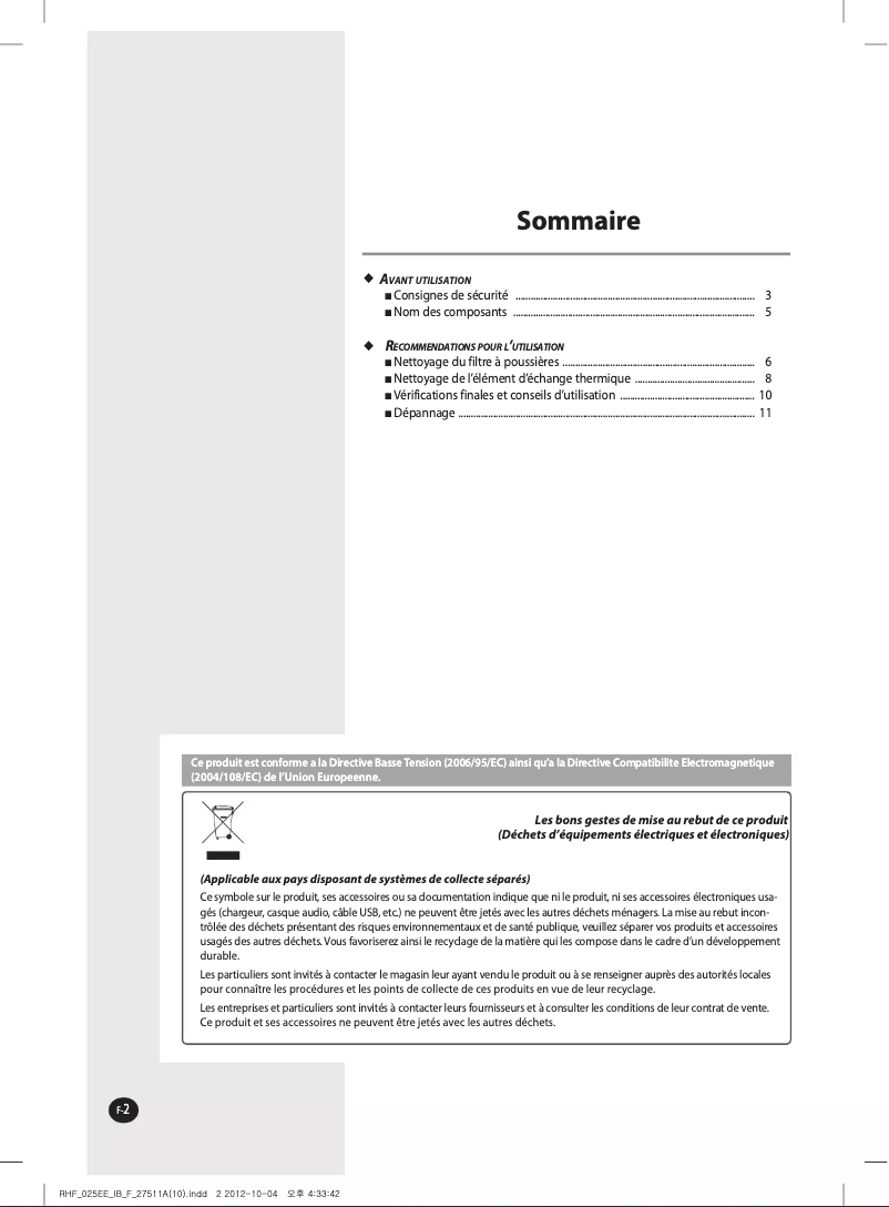 Page 1 de la notice Manuel utilisateur Samsung RHF025EE