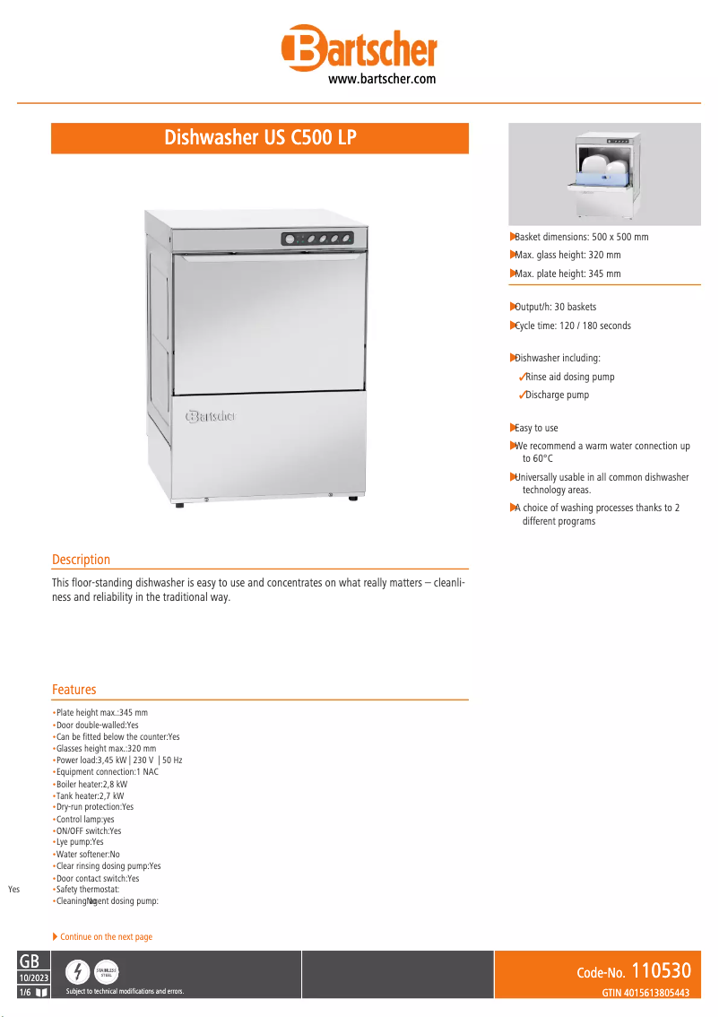 Page n°1 - Fiche technique Bartscher US C500 LP