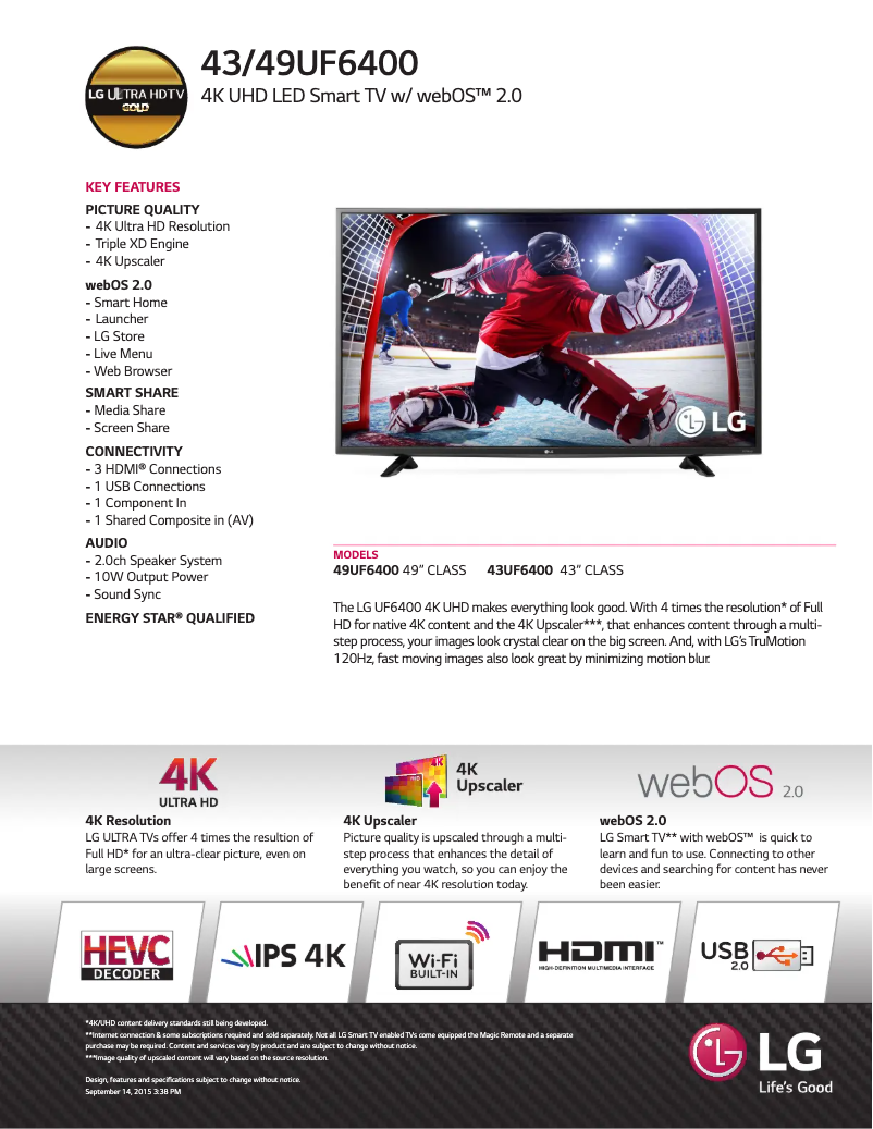 Page 1 de la notice Fiche technique LG 49UF6400