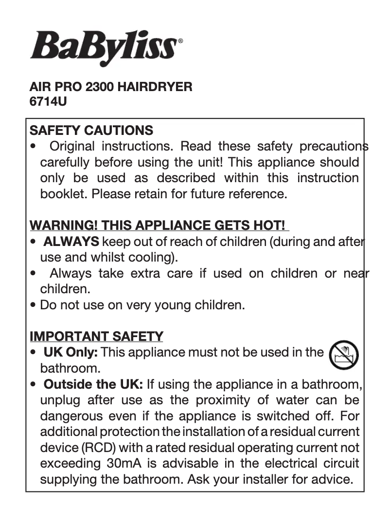 Page n°1 - Manuel utilisateur BaByliss Air Pro 2300 6714U