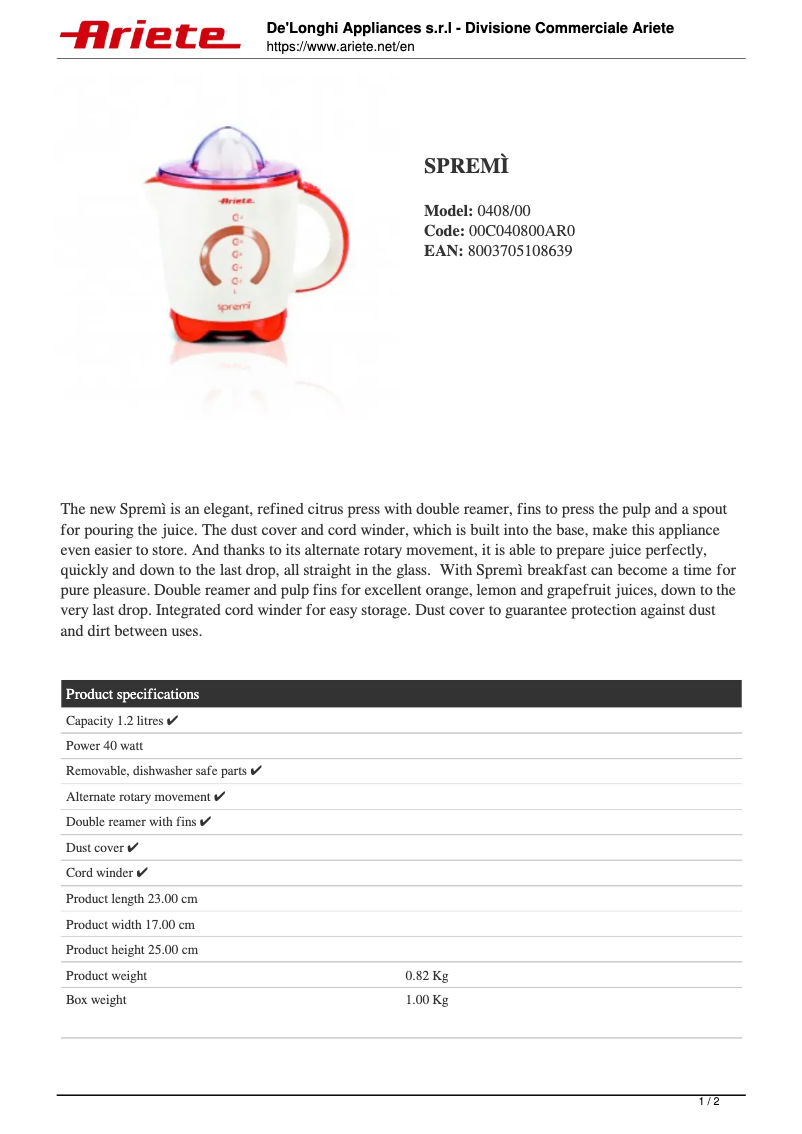 Page 1 de la notice Fiche technique Ariete Spremì 408