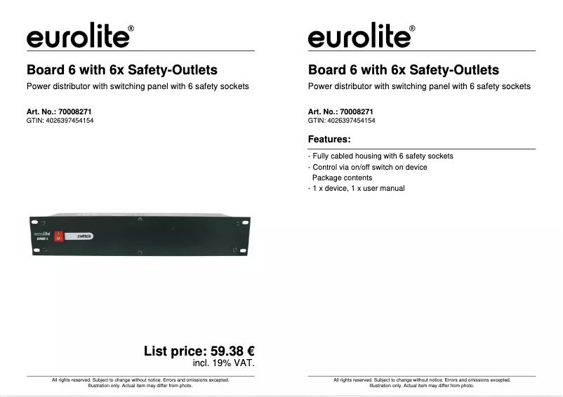 Page 1 de la notice Fiche technique Eurolite Board 6