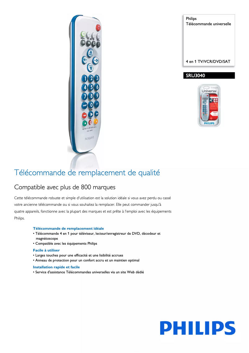 Page 1 de la notice Fiche technique Philips SRU3040