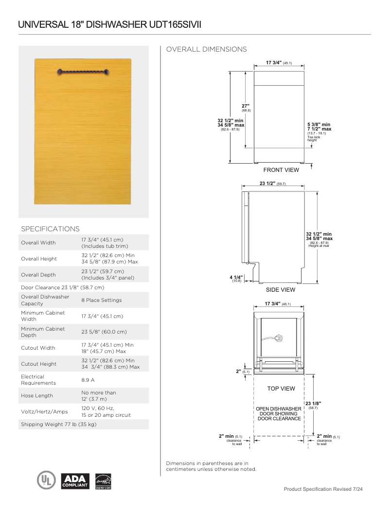 Page 1 de la notice Fiche technique Monogram UDT165SIVII