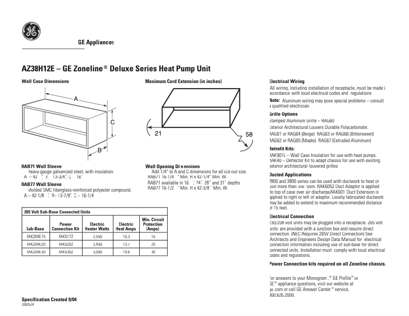 Page n°1 - Fiche technique GE AZ38H12EAC