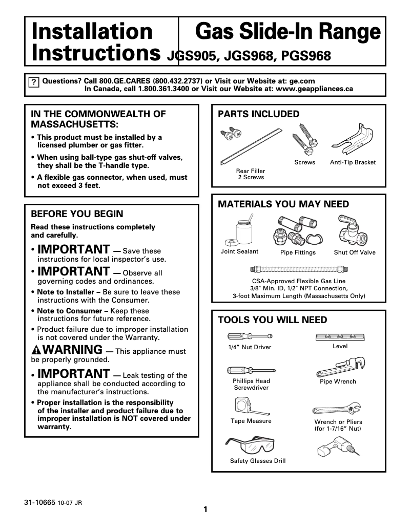Page 1 of the manual Installation Guide GE JGS905BEKBB