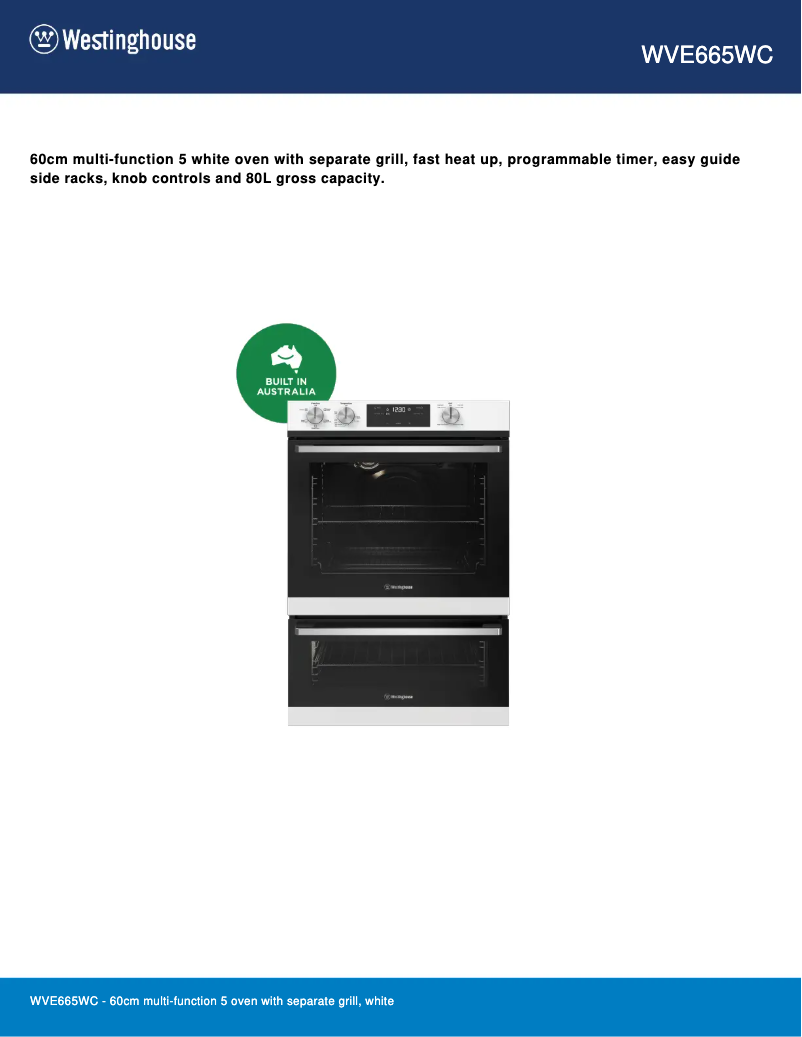 Page n°1 - Fiche technique Westinghouse WVE665WC