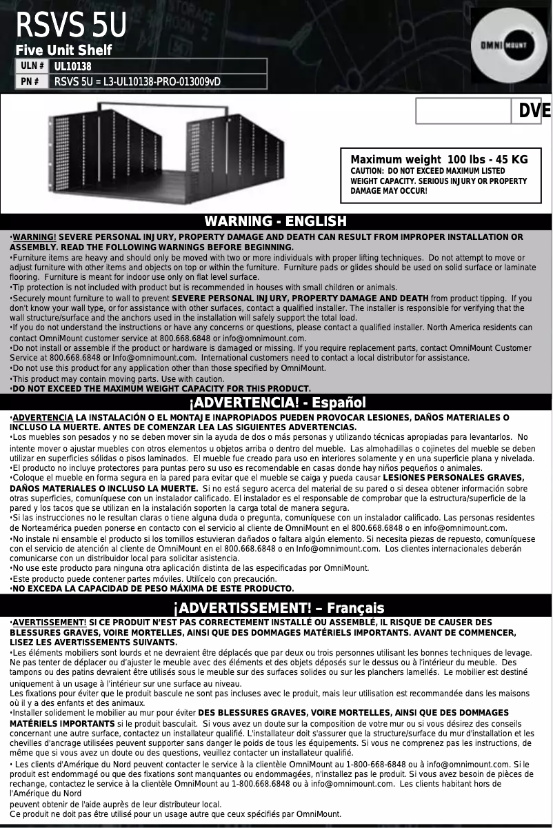 Page n°1 - Manuel utilisateur OmniMount RSVS-5U
