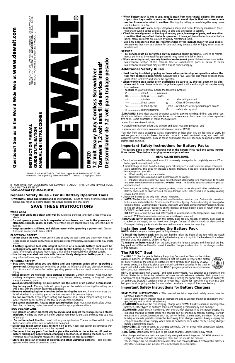 Page 1 de la notice Manuel utilisateur DeWalt DW920K-2
