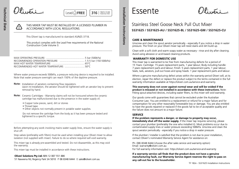 Page n°1 - Guide d'installation Oliveri Essente SS31625