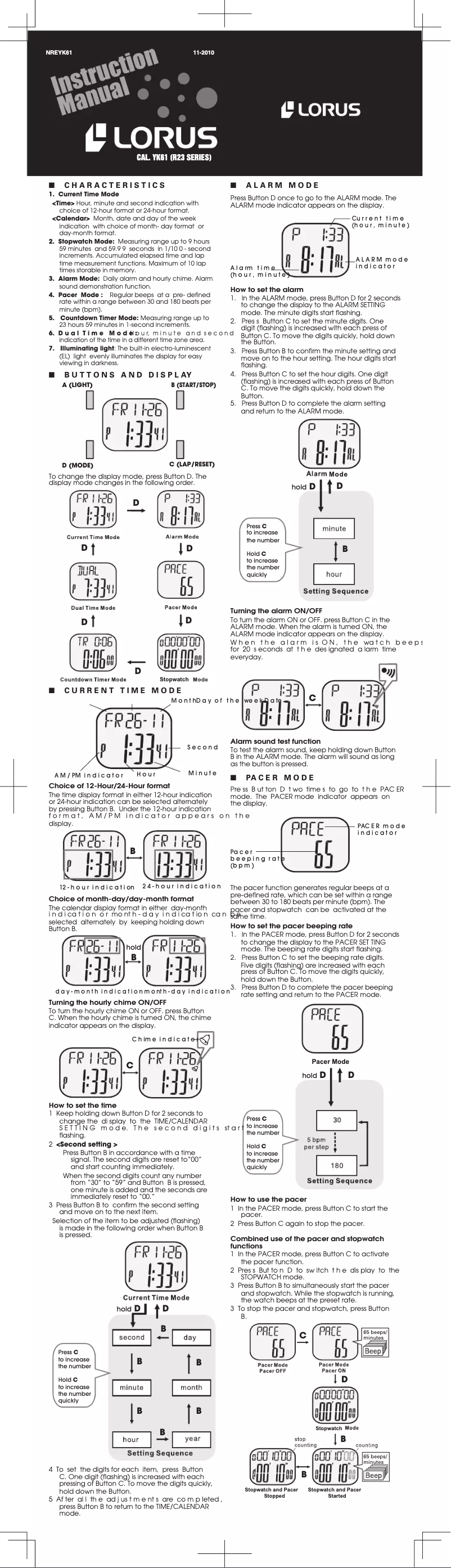 Page n°1 - Manuel utilisateur Lorus YK61