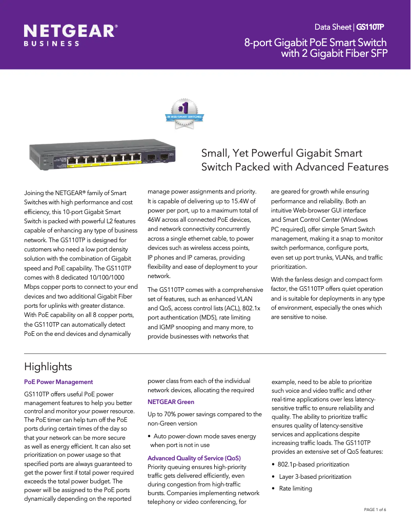Page n°1 - Fiche technique Netgear GS110TP