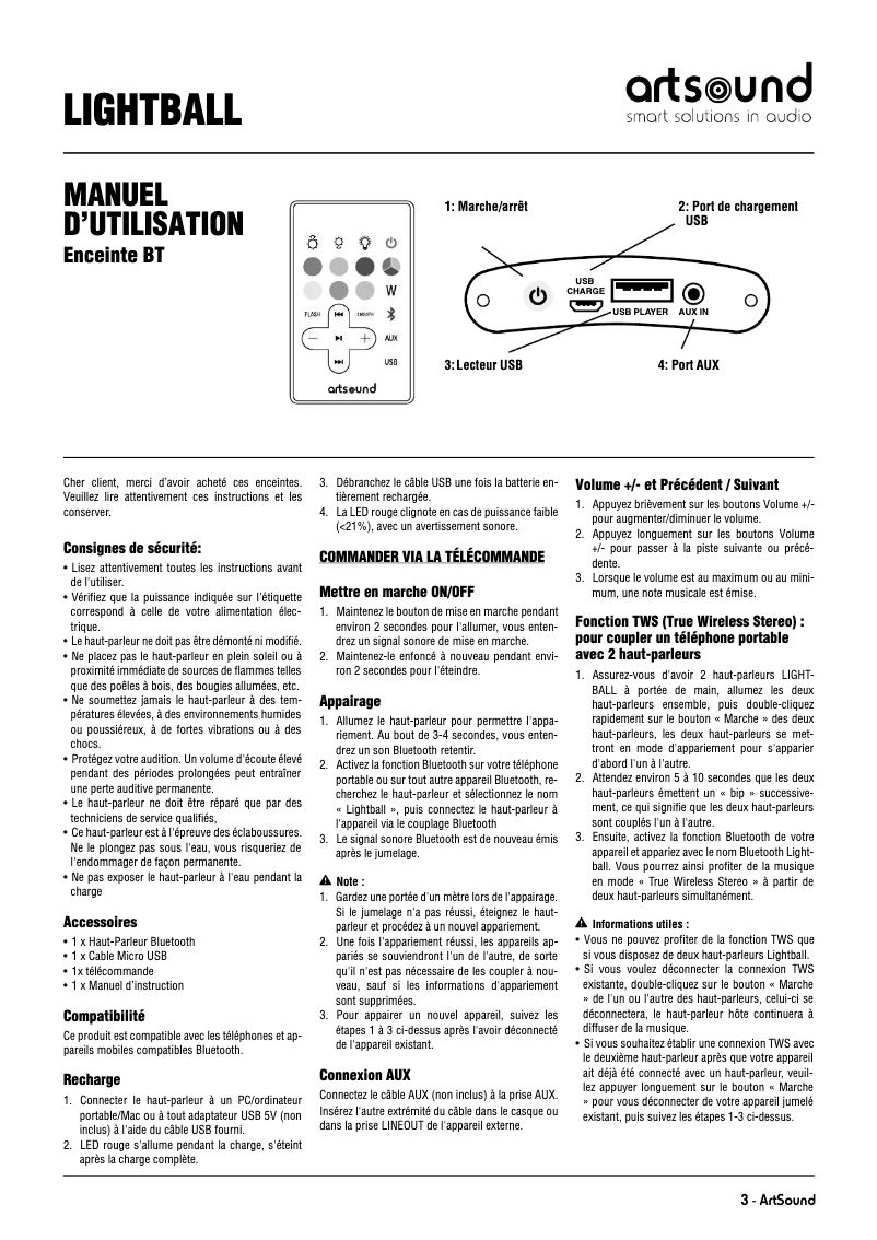 Page 1 de la notice Manuel utilisateur Artsound Lightbal