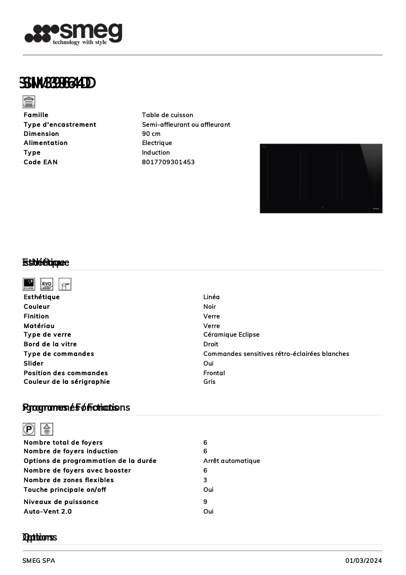 Page 1 de la notice Fiche technique Smeg SIM3964D